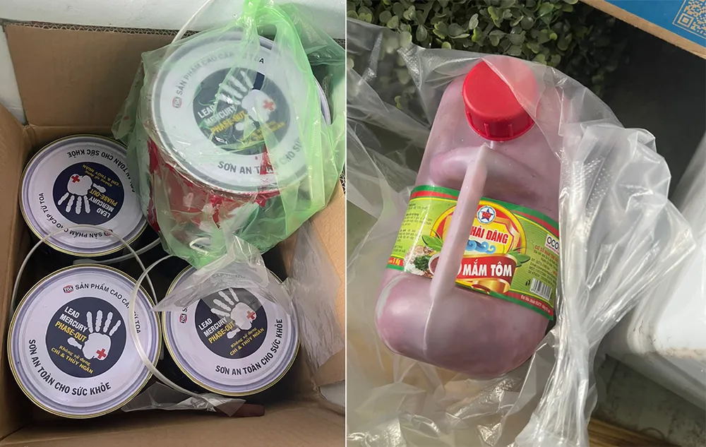 Một lượng lớn sơn, mắm tôm được công an thu giữ. Ảnh: CA bat-khan-cap-ong-chu-cho-vay-lai-nang-thue-7-dan-em-tat-son-doi-no-3.jpg