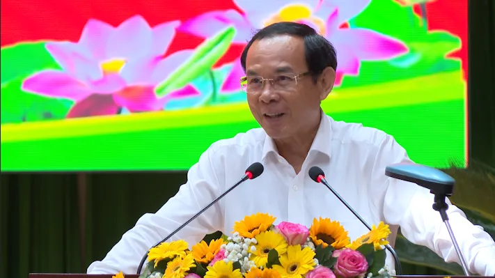 Ông Nguyễn Văn Nên, Bí thư Thành ủy TP.HCM phát biểu chỉ đạo tại hội nghị. Ảnh: HT Đại tướng Tô Lâm điểm lại các kết quả nổi bật của Công an TP.HCM năm 2023