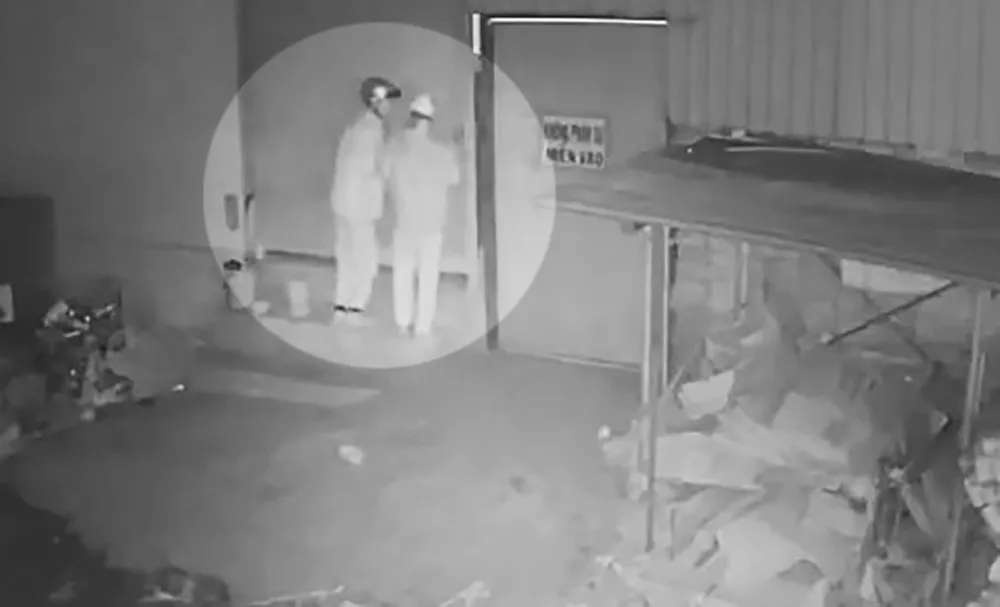 Hình ảnh hai nam thanh niên phá khóa, đột nhập trộm gà đá được camera an ninh ghi lại. Ảnh cắt từ clip Người dân báo mất 9 con gà đá giá hơn 20 triệu ở Bình Tân