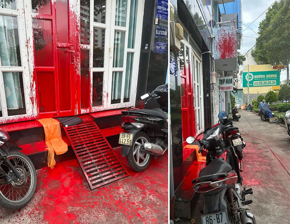 Nhóm Mỷ và Kiệt tạt sơn vào nhà bà TH. Ảnh: CA Người phụ nữ bị tạt sơn khủng bố vì món nợ 200 triệu của chồng cũ