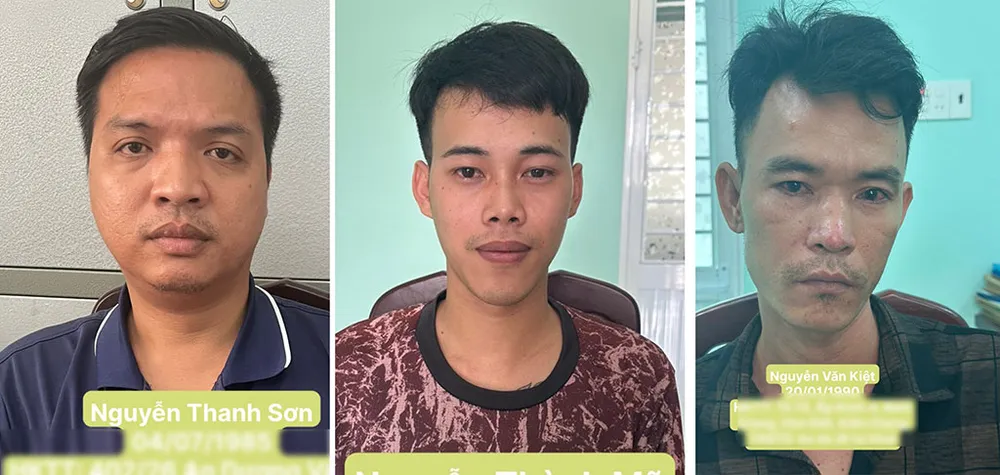 Sơn, Mỷ và Kiệt tại cơ quan điều tra. Ảnh: CA Người phụ nữ bị tạt sơn khủng bố vì món nợ 200 triệu của chồng cũ
