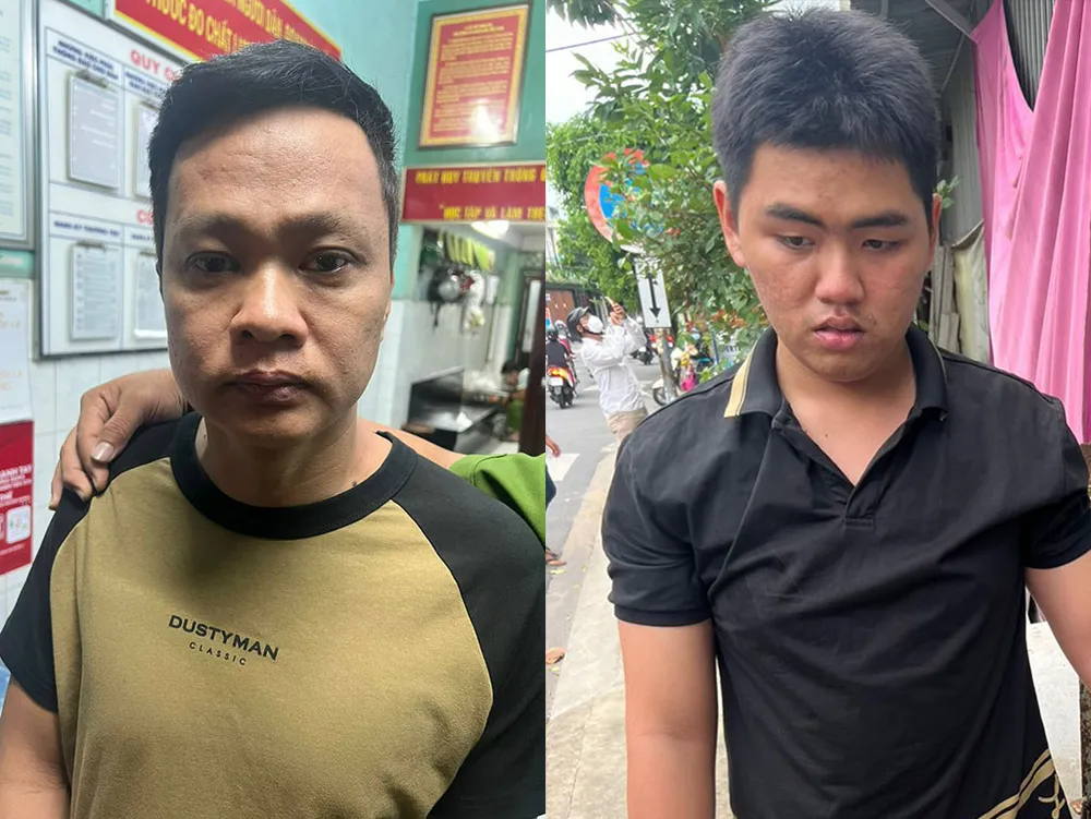 Thuận (bên trái) và Huy tại cơ quan điều tra. Ảnh: CA Hình sự bắt nhanh thanh niên giao hàng cướp giật iPhone 15 ProMax