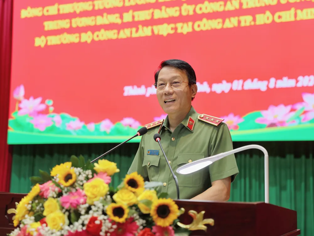 Bộ Trưởng Bộ Công an Lương Tam Quang phát biểu tại Hội nghị. Ảnh: HT Bộ Trưởng Bộ Công an Lương Tam Quang có buổi làm việc với Công an TP.HCM