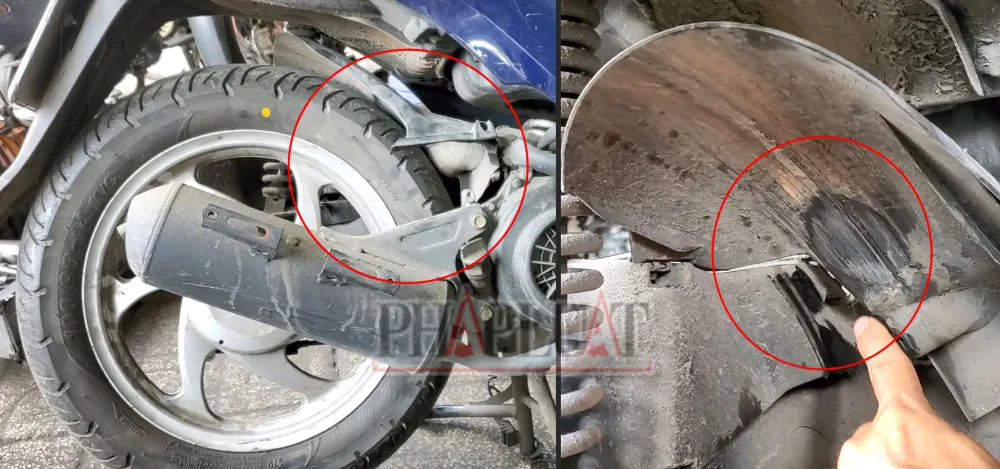 Sau khi phá hư lốp xe, thay vì thay một chiếc lốp đúng chủng loại, kích thước thì ông này lại thay một chiếc lốp quá cỡ, gây kẹt, xe không chạy được. Ảnh: NHÓM PV Bài 2: Tiệm phá xe của khách ở Thủ Đức, vòng xoay Đồng Xoài