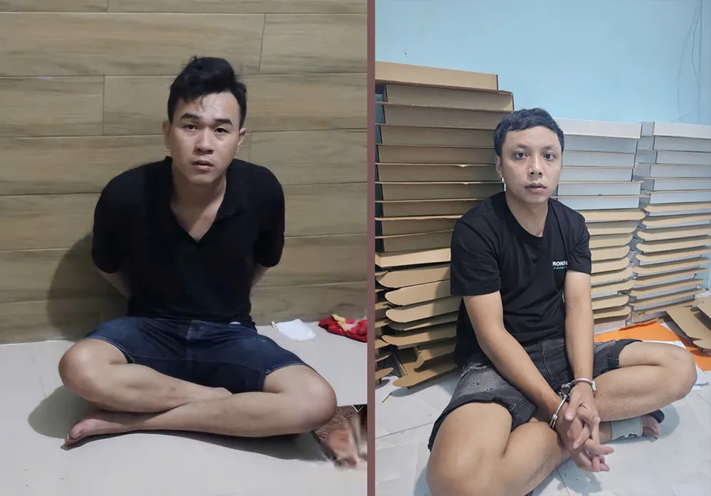 Linh (bên trái) và Kiệt cũng bị bắt khẩn cấp để điều tra. Ảnh: CA Vợ chồng, anh em ruột đưa giấy tờ giả từ Campuchia về TP.HCM tiêu thụ