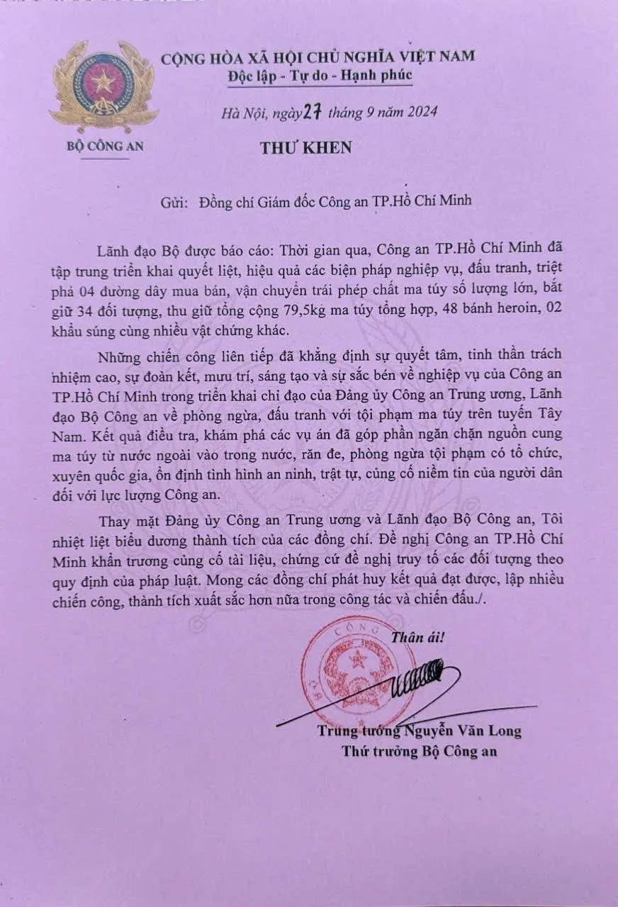 Trung tướng Nguyễn Văn Long - Thứ trưởng Bộ Công an có Thư khen gửi Công an TP.HCM. Ảnh: CA 4 chuyên án ma túy do Công an TP.HCM triệt phá mà Bộ Công an có thư khen