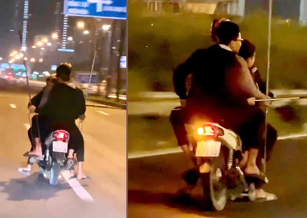 Nhóm thanh niên chạy xe máy 'kẹp 5', tay cầm ba chĩa ở TP Thủ Đức