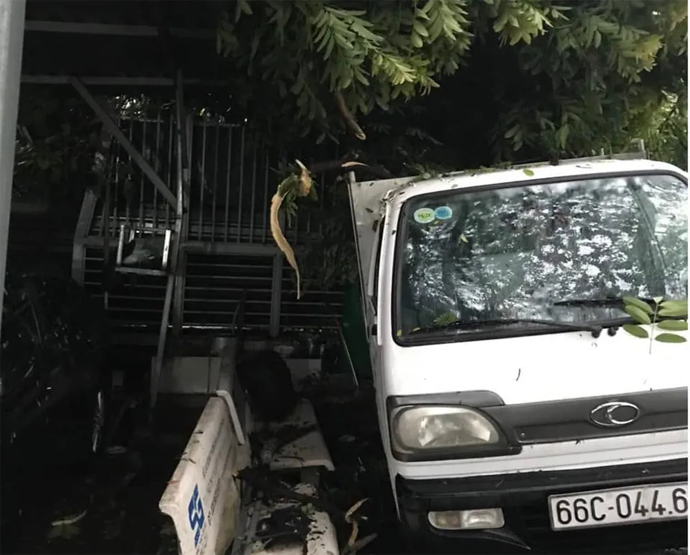 Chiếc xe tải bị cây đè hư hỏng. Ảnh: ĐC Chiếc xe tải bị cây đè hư hỏng. Ảnh: ĐC