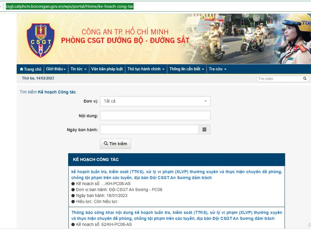 Các kế hoạch tuần tra kiểm soát, xử lý vi phạm và thực hiện chuyên đề của Phòng PC08 được đăng công khai trên Trang Thông tin điện tử. Ảnh chụp màn hình