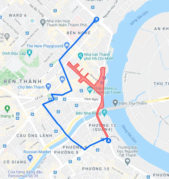 Sơ đồ hướng dẫn lộ trình di chuyển từ Quận 4 đi Quận 1 trong thời gian cấm các phương tiện lưu thông để phục vụ chương trình pháo hoa nghệ thuật từ 17 giờ đến 23 giờ ngày 2-9