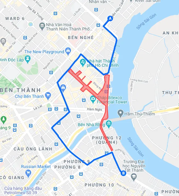 Sơ đồ hướng dẫn lộ trình di chuyển từ Quận 1 đi Quận 4 trong thời gian cấm các phương tiện lưu thông để phục vụ chương trình pháo hoa nghệ thuật.