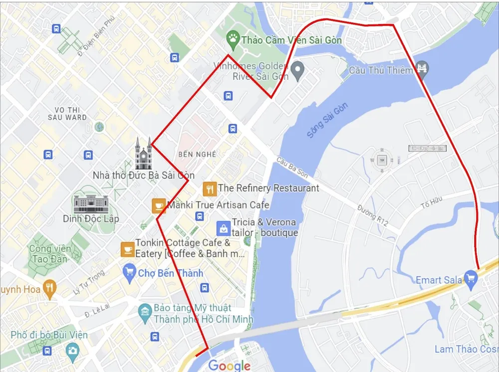 Sơ đồ hướng dẫn lộ trình di chuyển từ Quận 1 đi TP Thủ Đức.