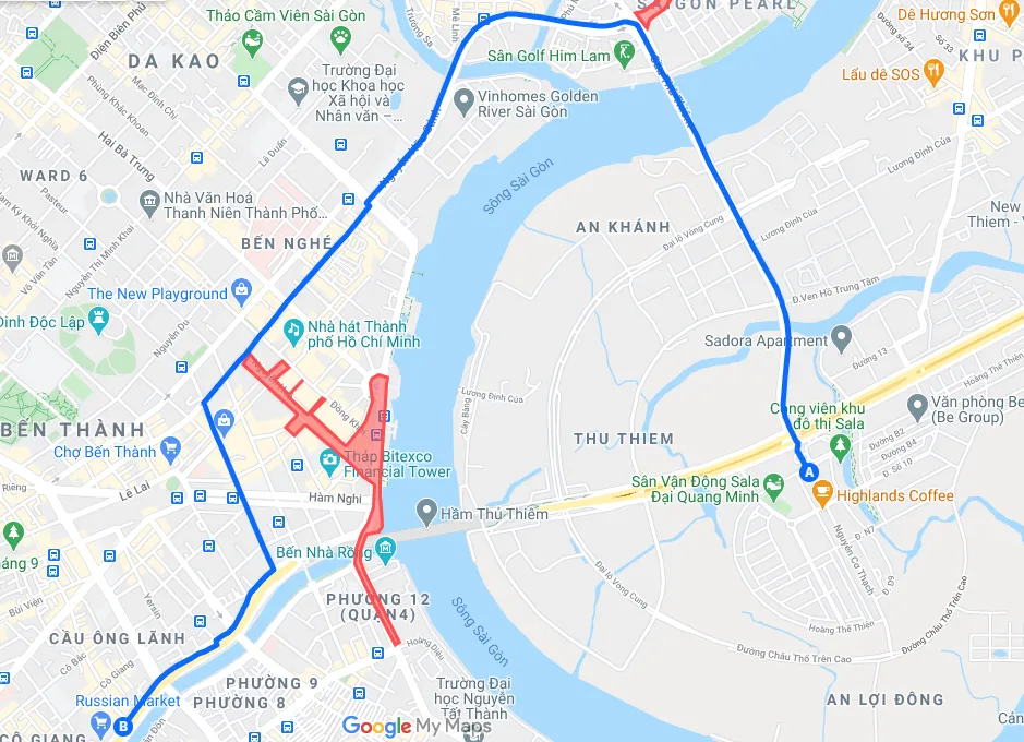 Sơ đồ hướng dẫn lộ trình di chuyển từ TP Thủ Đức đi Quận 1.