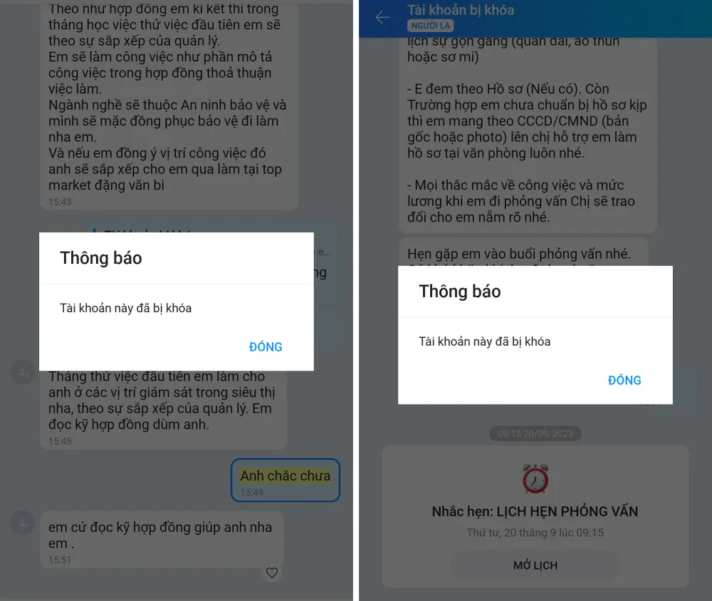 Các tài khoản Zalo nhân viên công ty dùng để câu dụ người xin việc hiện đã khóa sau bài phản ánh. Ảnh: NGUYỄN YÊN lua-tuyen-dung-1.jpg
