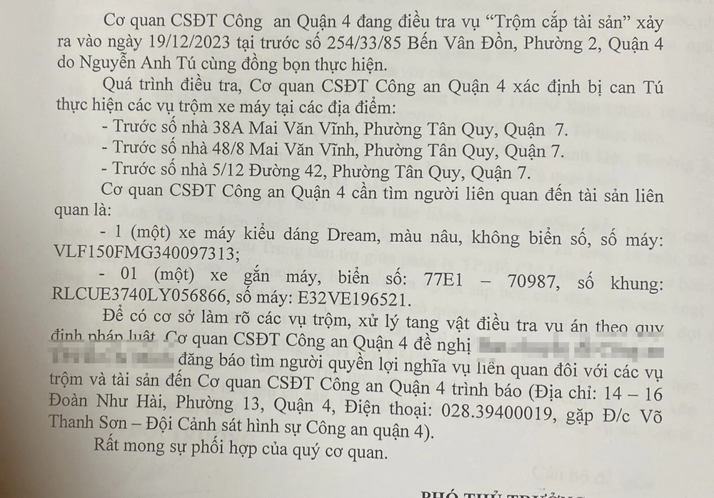 Công an thông báo tìm người có quyền lợi, nghĩa vụ liên quan các vụ trộm và tài sản bị trộm. Thanh niên 17 tuổi thực hiện hàng loạt vụ trộm xe máy ở TP.HCMThanh niên 17 tuổi thực hiện hàng loạt vụ trộm xe máy ở TP.HCM