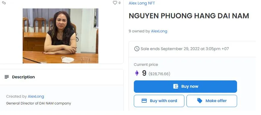 NFT hình ảnh của bà Phương Hằng được bán với giá hơn 650 triệu đồng trên nền tảng OpenSea. Ảnh: DH NFT hình ảnh của bà Phương Hằng được bán với giá hơn 650 triệu đồng trên nền tảng OpenSea. Ảnh: DH