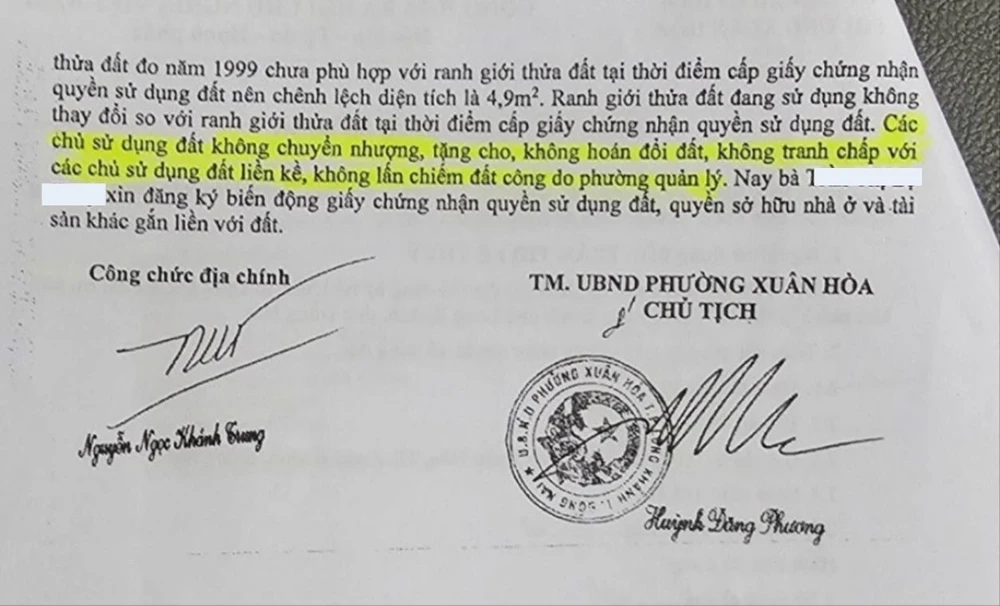 Phó chủ tịch phường vẫn xác nhận đất không bị tranh chấp với các chủ liền kề. Tranh chấp đất .jpg