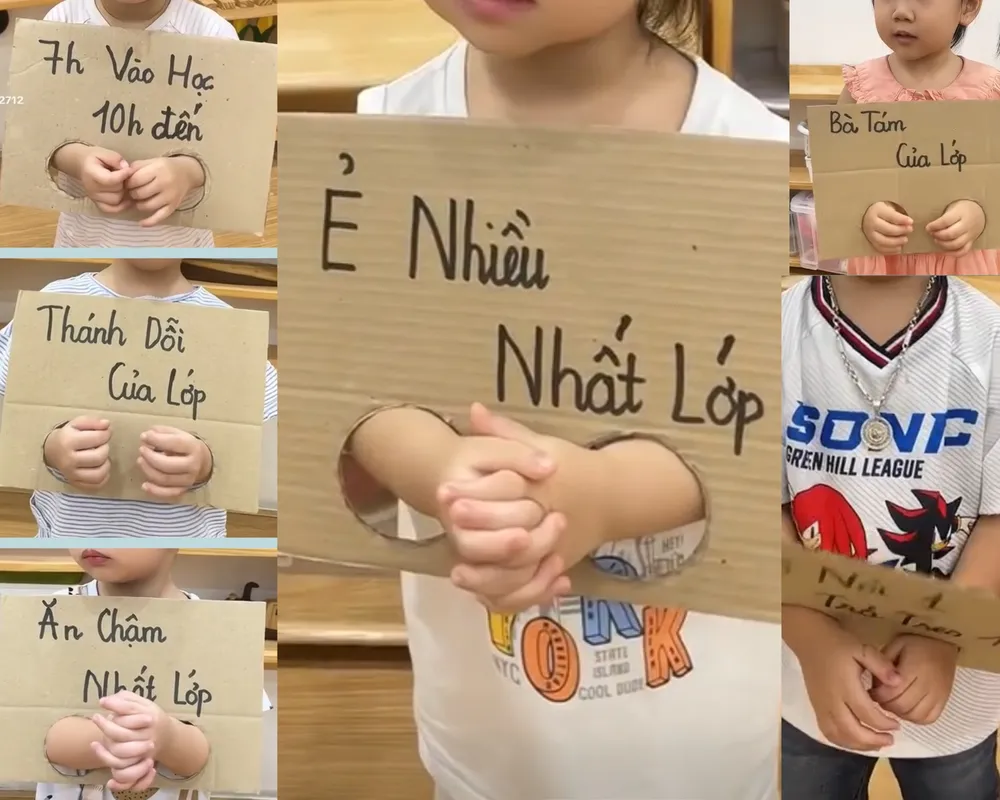Bảy em học sinh mẫu giáo bị giáo viên còng tay bằng bìa carton kèm với những dòng chữ đùa giỡn rồi đăng clip lên mạng xã hội. Ảnh: Chụp màn hình còng tay học sinh mẫu giáo