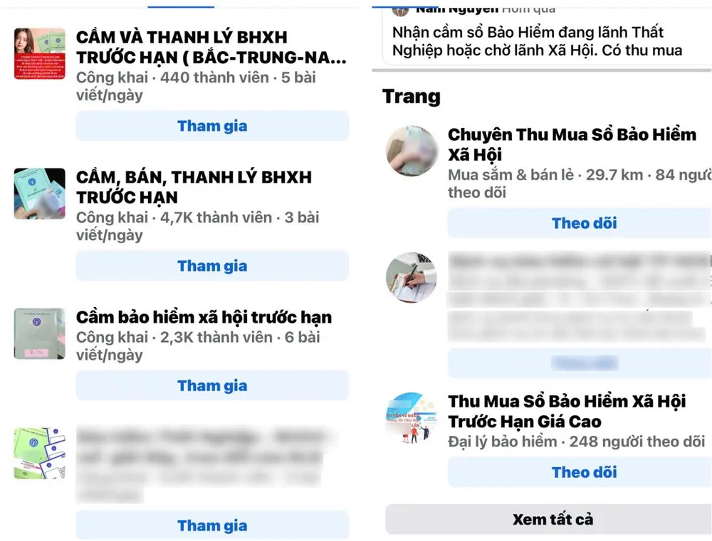 Hàng loạt fanpage về thu mua, nhận cầm cố sổ BHXH. Ảnh: Facebook IMG_3494.jpeg