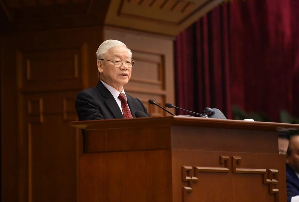 Tổng Bí thư Nguyễn Phú Trọng phát biểu khai mạc Hội nghị Trung ương 5, ngày 4-5-2022. Ảnh: VOV.