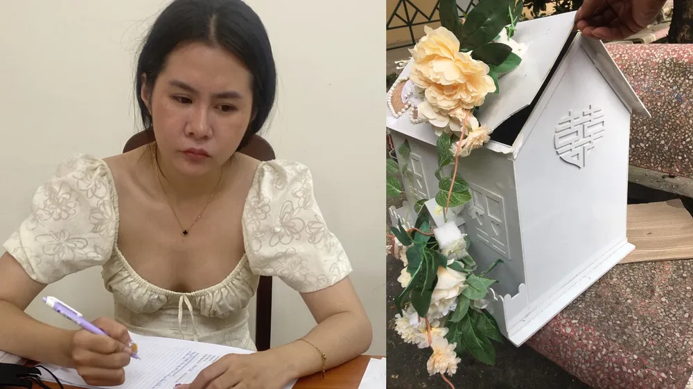 Hoàng Thị Khánh Linh cùng hộp đựng tiền mừng đám cưới bị cạy phá. Ảnh: CACC. Hoang Thi Khanh Linh - trom dam cuoi Ha Noi-camera.png