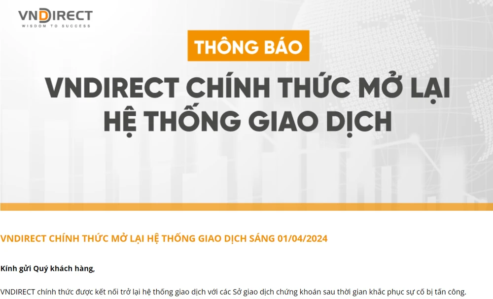 Hệ thống giao dịch VNDirect trở lại hoạt động một phần