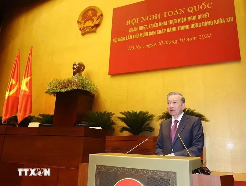Tổng Bí thư, Chủ tịch nước Tô Lâm cho biết Trung ương, Bộ Chính trị đang bàn nhiều giải pháp mang tính đột phá chiến lược để đưa đất nước vào kỷ nguyên mới. Ảnh: TTXVN. Tổng Bí thư Tô Lâm Hoi nghi toan quoc.webp