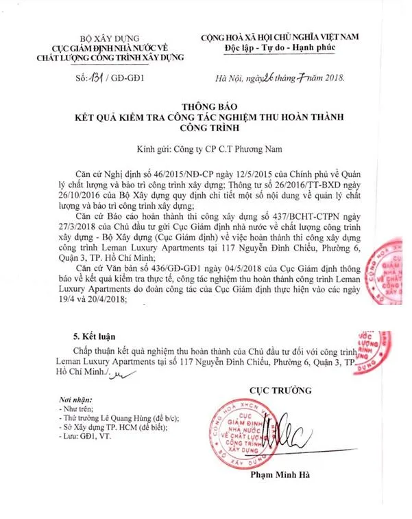 Văn bản chấp thuận nghiệm thu đưa công trình vào sử dụng do Bộ Xây Dựng cấp