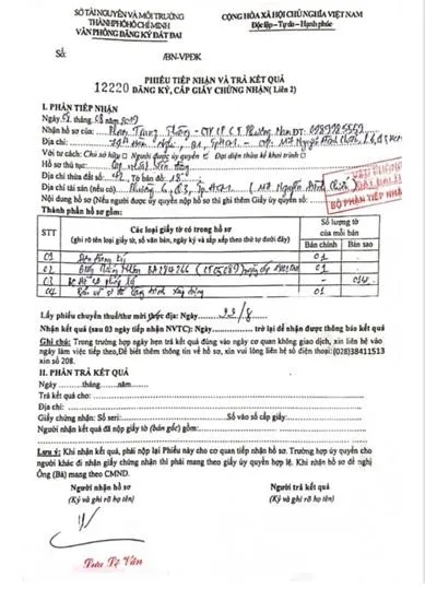 Biên nhận của Sở Tài Nguyên Và Môi Trường