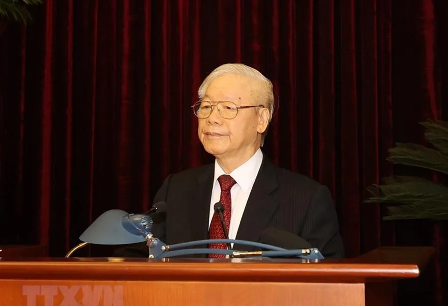 Tổng Bí thư Nguyễn Phú Trọng phát biểu bế mạc Hội nghị. Ảnh: TTXVN