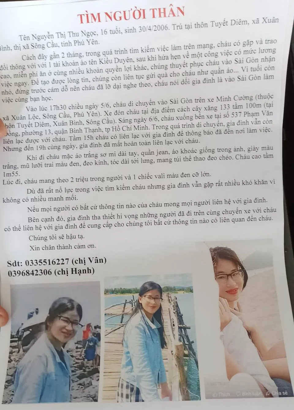 Thông báo tìm thiếu nữ mất tích. Ảnh: NY Thông báo tìm thiếu nữ mất tích. Ảnh: NY