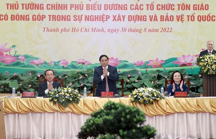 Thủ tướng Phạm Minh Chính dự và chủ trì hội nghị biểu dương các chức sắc tôn giáo. Ảnh: TTXVN Thủ tướng Phạm Minh Chính dự và chủ trì hội nghị biểu dương các chức sắc tôn giáo. Ảnh: TTXVN