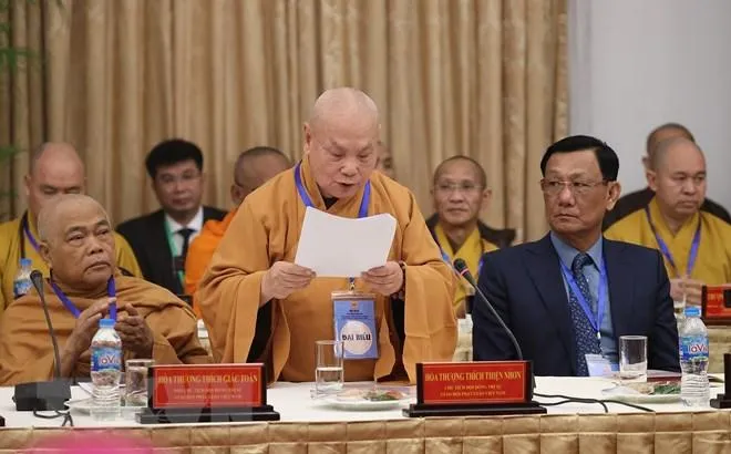 Hòa thượng Thích Thiện Nhơn, Chủ tịch Hội đồng Trị sự Giáo hội Phật giáo Việt Nam phát biểu tại hội nghị. Ảnh: TTXVN Hòa thượng Thích Thiện Nhơn, Chủ tịch Hội đồng Trị sự Giáo hội Phật giáo Việt Nam phát biểu tại hội nghị. Ảnh: TTXVN
