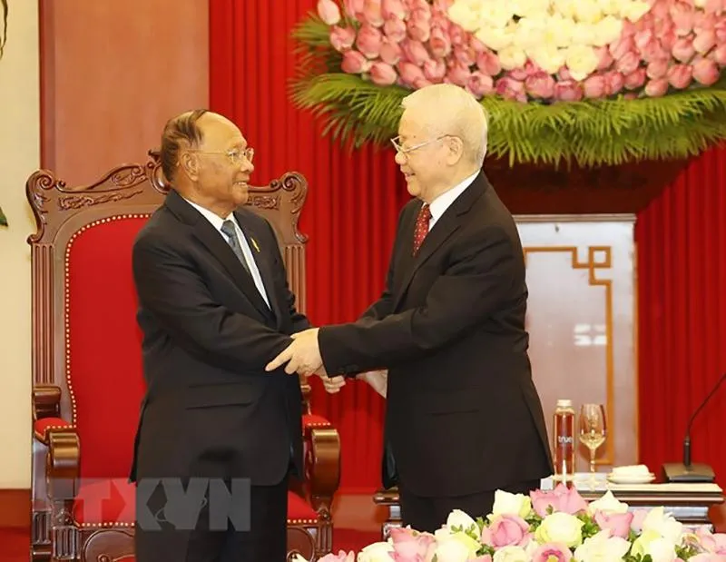 Tổng Bí thư Nguyễn Phú Trọng tiếp Chủ tịch Danh dự Đảng Nhân dân Campuchia, Chủ tịch Quốc hội Vương Quốc Campuchia Samdech Heng Samrin. Ảnh: TTXVN