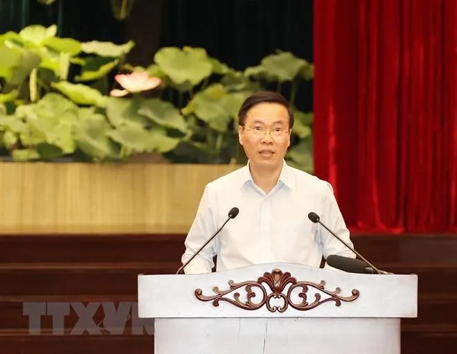 Thường trực Ban Bí thư Võ Văn Thưởng phát biểu tại buổi làm việc. Ảnh: TTXVN Thường trực Ban Bí thư Võ Văn Thưởng phát biểu tại buổi làm việc. Ảnh: TTXVN