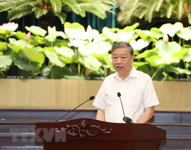 Đại tướng Tô Lâm, Bộ trưởng Bộ Công an phát biểu tại buổi làm việc. Ảnh: TTXVN Đại tướng Tô Lâm, Bộ trưởng Bộ Công an phát biểu tại buổi làm việc. Ảnh: TTXVN