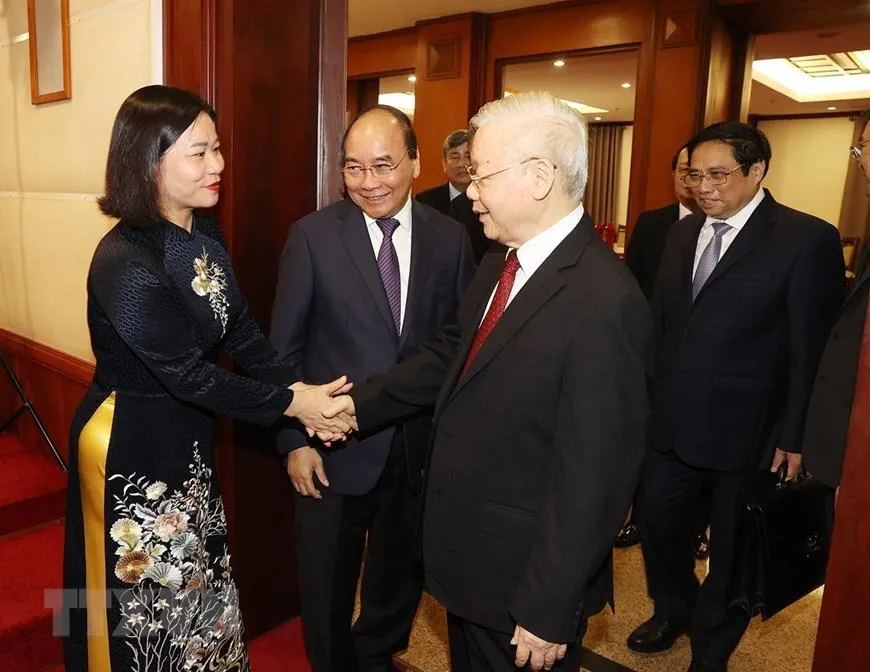 Tổng bí thư Nguyễn Phú Trọng cùng các lãnh đạo Đảng, Nhà nước dự khai mạc hội nghị. Ảnh: TTXVN