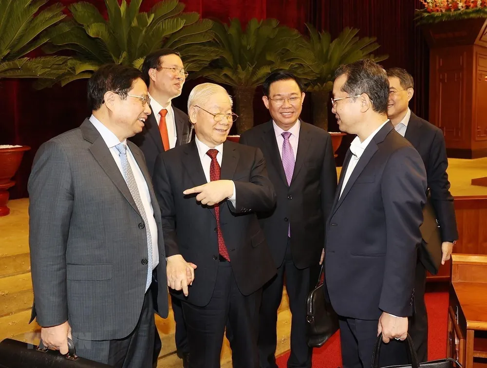 Tổng Bí thư Nguyễn Phú Trọng, các lãnh đạo Đảng, Nhà nước và các đại biểu dự Hội nghị. Ảnh: TTXVN