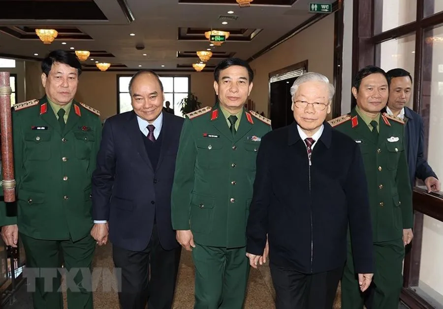 Tổng Bí thư Nguyễn Phú Trọng, Chủ tịch nước Nguyễn Xuân Phúc đến dự hội nghị. Ảnh: TTXVN