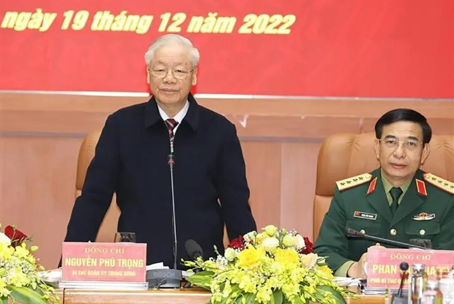 Tổng Bí thư Nguyễn Phú Trọng, Bí thư Quân ủy Trung ương phát biểu kết luận hội nghị. Ảnh: TTXVN