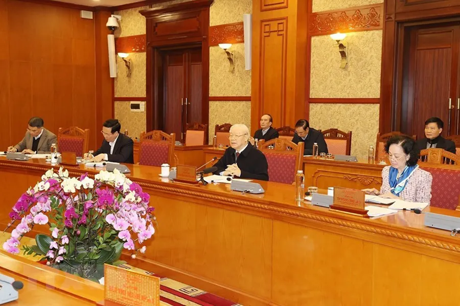 Tổng Bí thư Nguyễn Phú Trọng và các thành viên Ban Bí thư tại phiên họp. Ảnh: TTXVN Tổng Bí thư Nguyễn Phú Trọng và các thành viên Ban Bí thư tại phiên họp. Ảnh: TTXVN