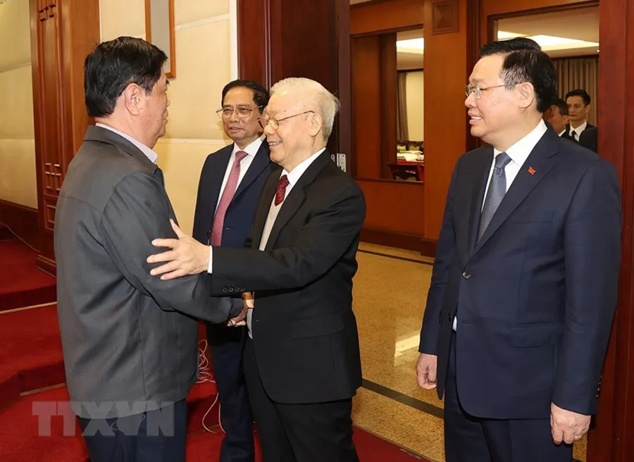 Tổng Bí thư Nguyễn Phú Trọng cùng các lãnh đạo Đảng, Nhà nước dự hội nghị. Ảnh: TTXVN