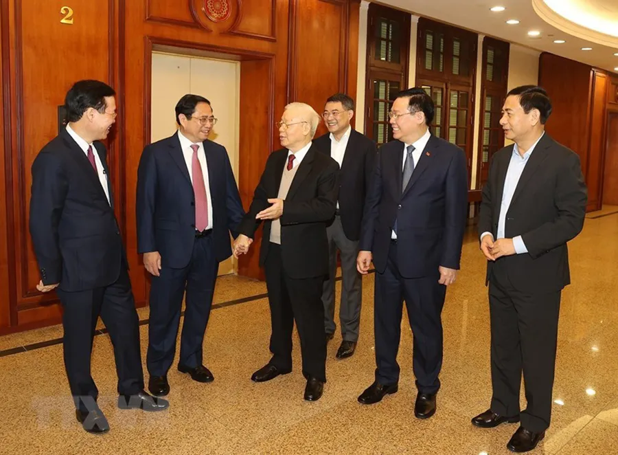 Tổng Bí thư Nguyễn Phú Trọng cùng các lãnh đạo Đảng, Nhà nước dự hội nghị. Ảnh: TTXVN