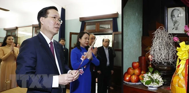 Chủ tịch nước Võ Văn Thưởng dâng hương tưởng nhớ Chủ tịch Hồ Chí Minh tại Nhà 67 trong Khu Di tích Chủ tịch Hồ Chí Minh ở Phủ Chủ tịch. Ảnh: TTXVN