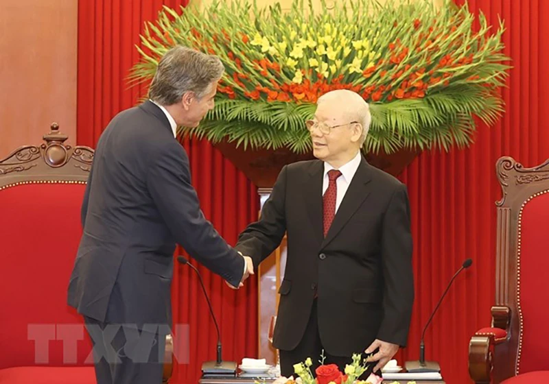 Tổng Bí thư Nguyễn Phú Trọng và Ngoại trưởng Antony Blinken. Ảnh: TTXVN