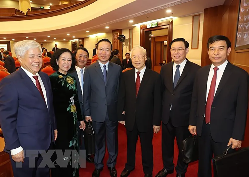 Tổng Bí thư Nguyễn Phú Trọng và các lãnh đạo Đảng, Nhà nước đến dự hội nghị. Ảnh: TTXVN