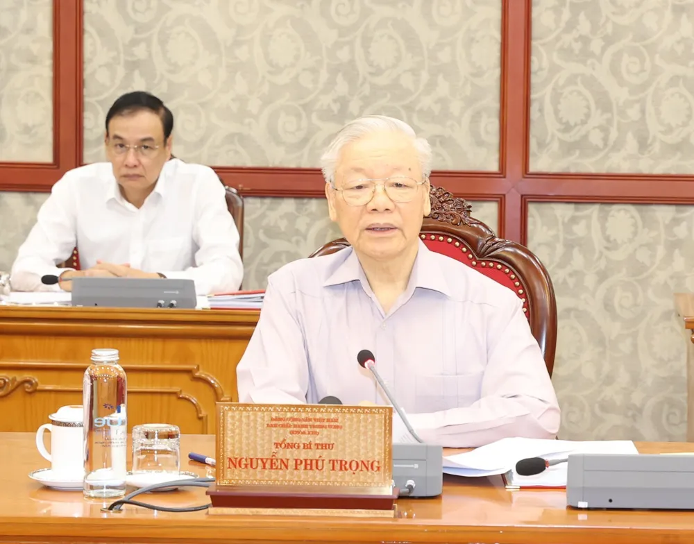 Tổng Bí thư Nguyễn Phú Trọng phát biểu kết luận cuộc họp. Ảnh: TTXVN