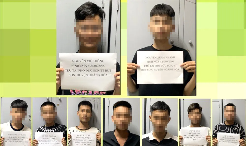 Nhóm thanh thiếu niên từ 13 đến 23 tuổi bị Công an TP Thanh Hóa triệu tập, bắt giữ về hành vi cướp tài sản, gây rối trật tự công cộng Ảnh: CATH Nhóm thanh thiếu niên từ 13 đến 23 tuổi bị Công an TP Thanh Hóa triệu tập, bắt giữ về hành vi cướp tài sản, gây rối trật tự công cộng Ảnh: CATH