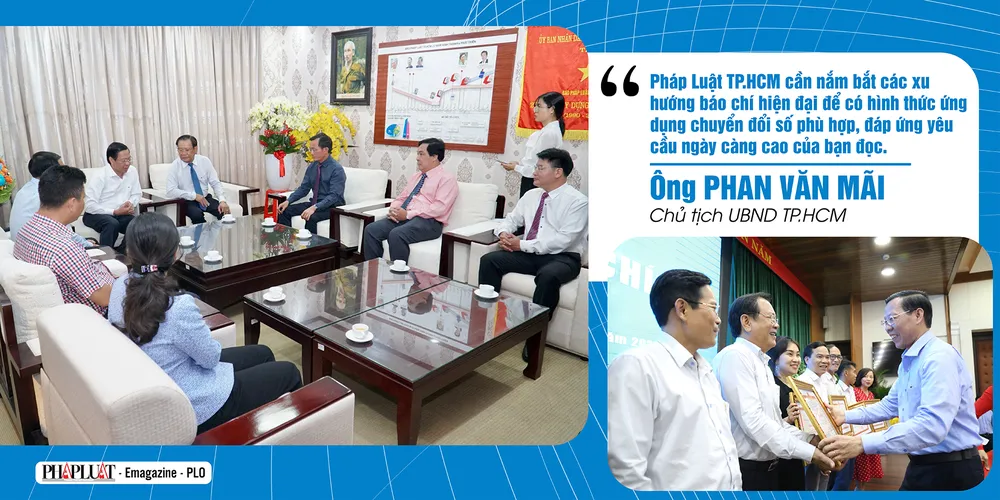 Chủ tịch UBND TP.HCM Phan Văn Mãi dẫn đầu đoàn lãnh đạo đến thăm và chúc mừng Báo Pháp Luật TP.HCM nhân ngày Báo chí Cách mạng Việt Nam (trái); và đại diện báo Pháp Luật TP.HCM nhận bằng khen của UBND TP vì có thành tích tốt trong tuyên truyền Nghị quyết 98. Ảnh: MINH HOÀNG - HÀ THƯ 17-9-Phan-Van-Mai-Bao-PLTPHCM-2.jpg