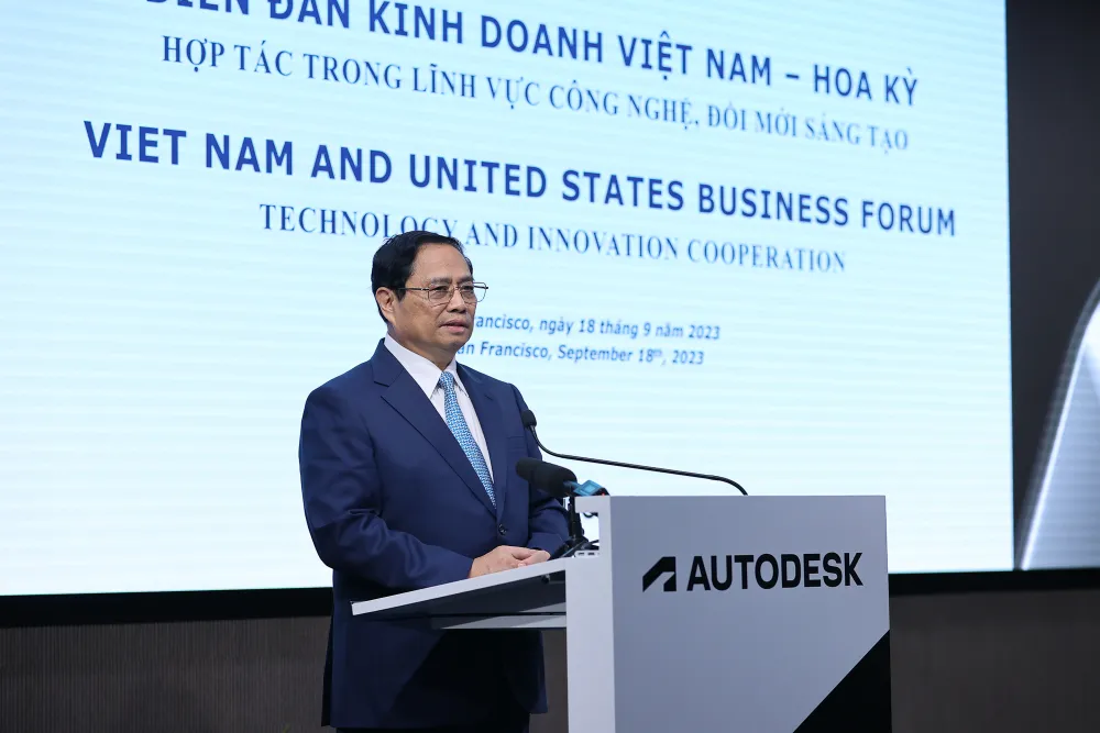 Thủ tướng Phạm Minh Chính dự và phát biểu tại "Diễn đàn kinh doanh Việt Nam – Hoa Kỳ hợp tác trong lĩnh vực công nghệ, đổi mới sáng tạo”. Ảnh: VGP thu-tuong-pham-minh-chinh-gap-go-doanh-nghiep-viet-nam-tai-my-2.jpg